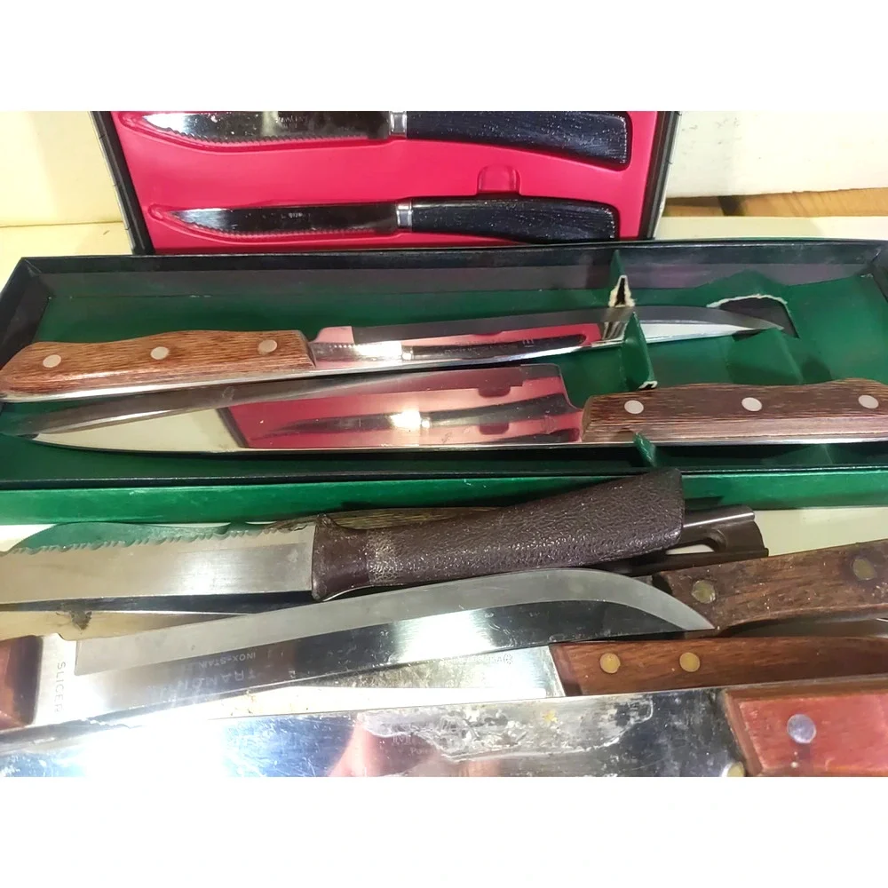 Large Junk Lot Old Knives Carbon steel wood handles Sets Butcher Knives